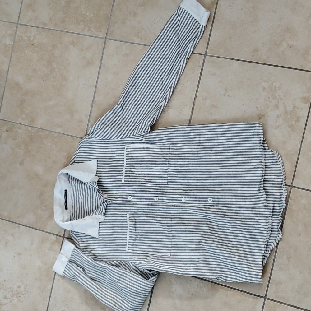 Gray/grey White Striped Button Up Blouse sz M